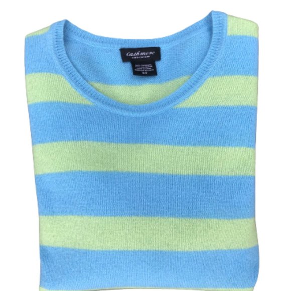 100% Cashmere Striped Stripes Blue Green Knit Sweater Top Medium - Picture 4 of 10